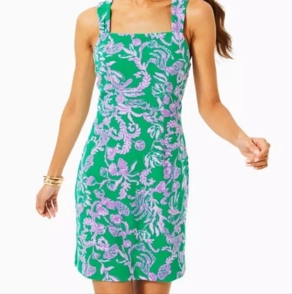 Lilly Pulutizer Montery Shift Brazilan Green  Dress with Lilac Floral - 14 - NWT